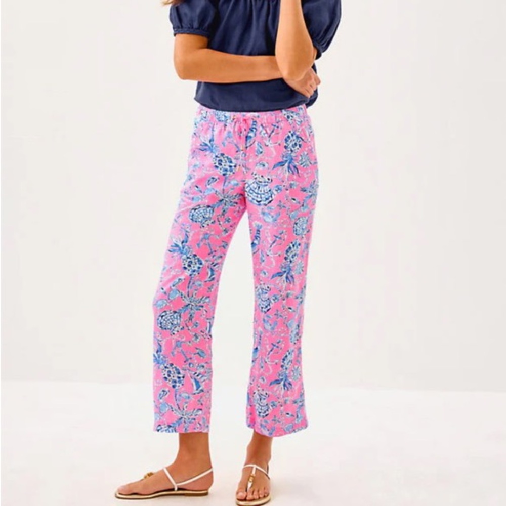 Lilly Pulitzer 27” Brawley Lagoon Linen Pink & Blue Seashells Cropped Pants EUC